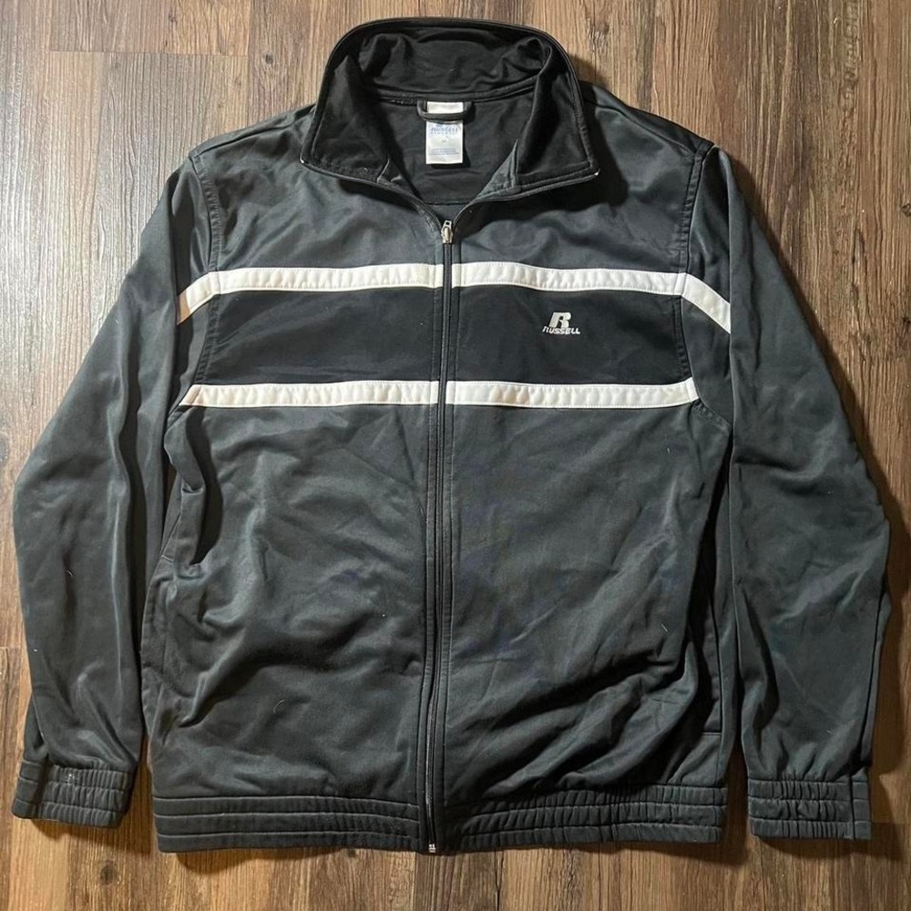 Russell Athletic Mens Track Jacket Black White Striped Full Zip‎ Size Medium